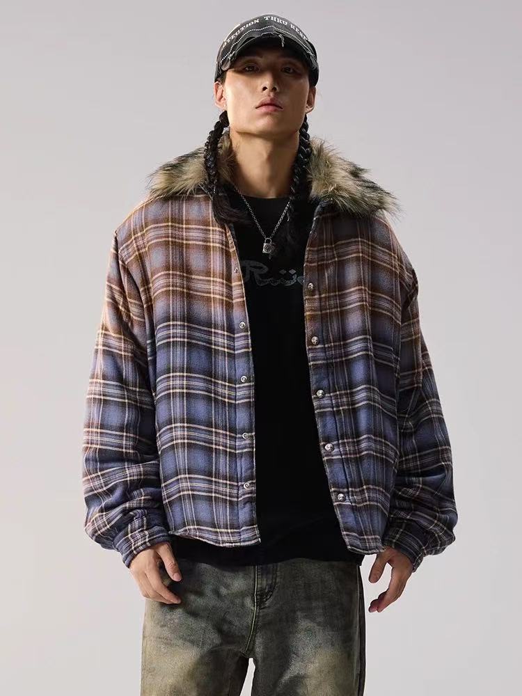 REMEDY Thickened Gradient Distressed Plaid Fur Collar Cotton Coat