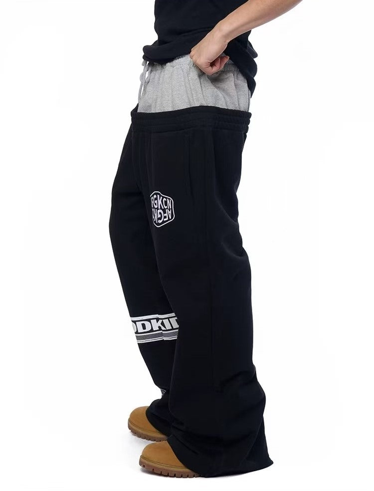 AFGK Fake Two Piece Double Waist Drawstring Bootcut Sweatpants
