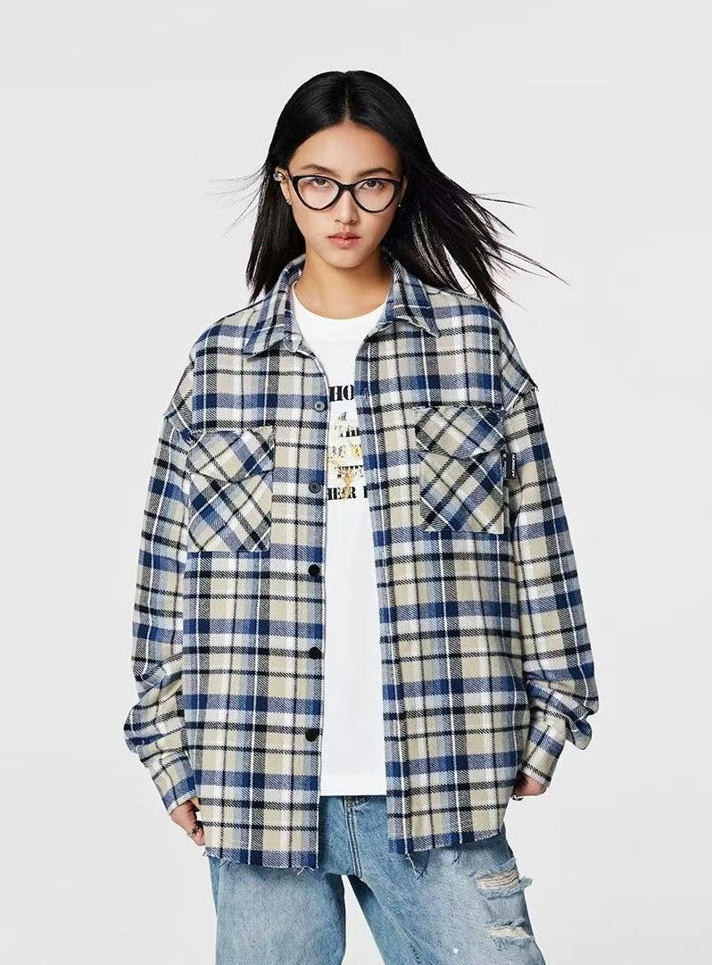 ACHOCK Retro Plaid Tassel Long-sleeve Shirt