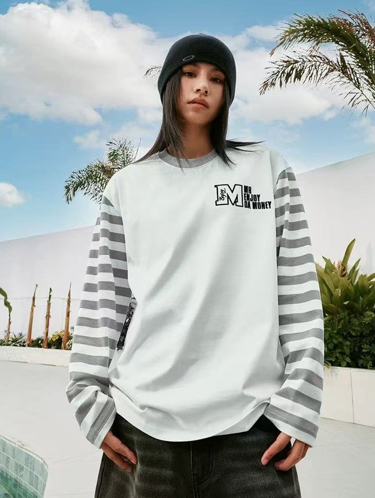 MEDM Contrast Collar Striped Long-sleeve T-Shirt