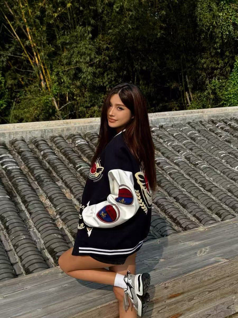 ACHOCK Hip-hop Heavy Letters Embroidery Varsity Jacket