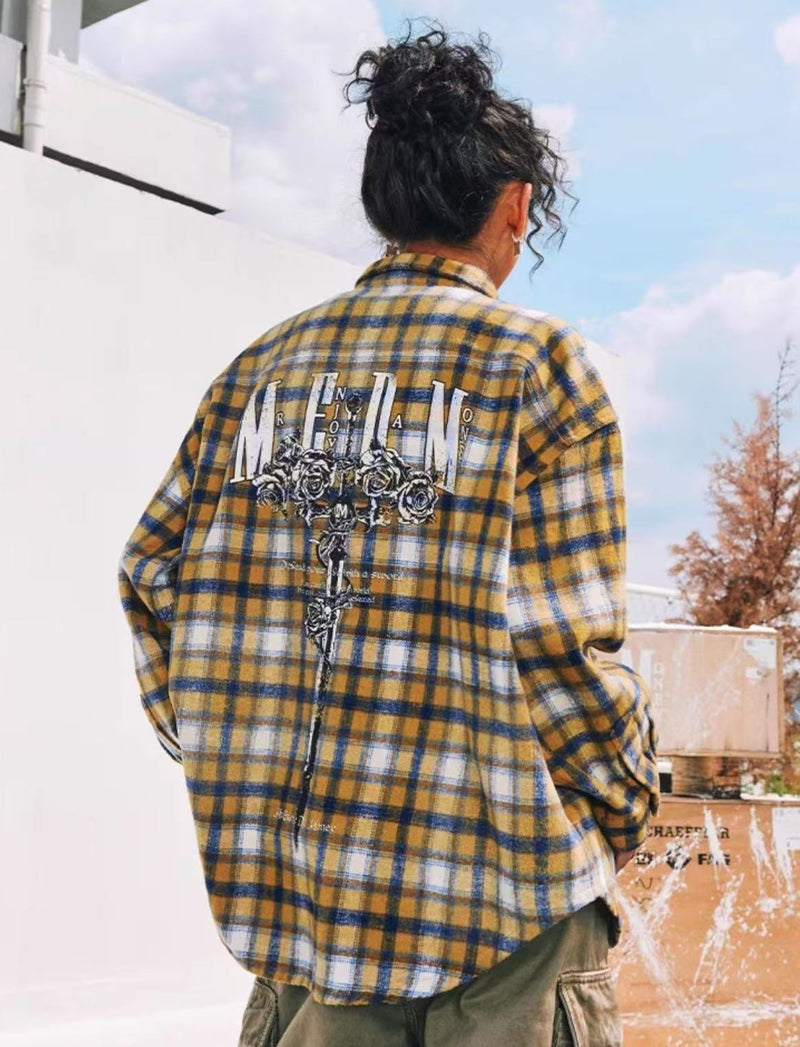 MEDM Washed Distressed Rose and Sword Plaid Long-sleeve Shirt