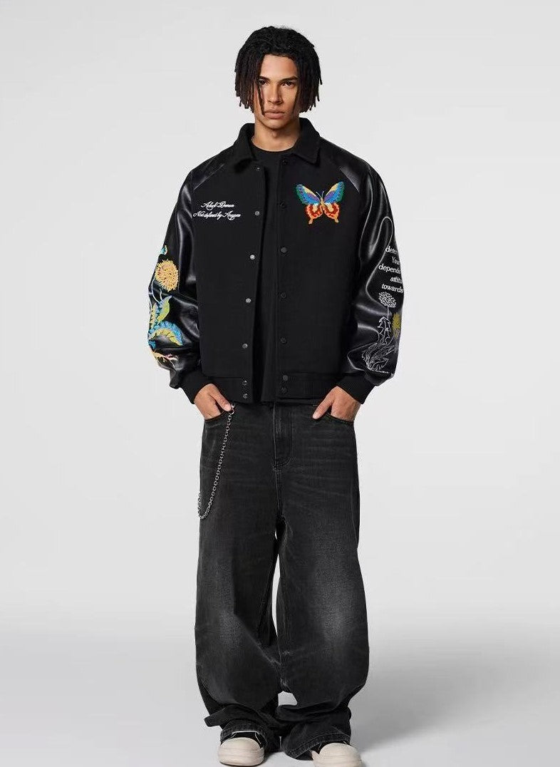 ACHOCK Butterfly Embroidered Stand Collar Baseball Jacket