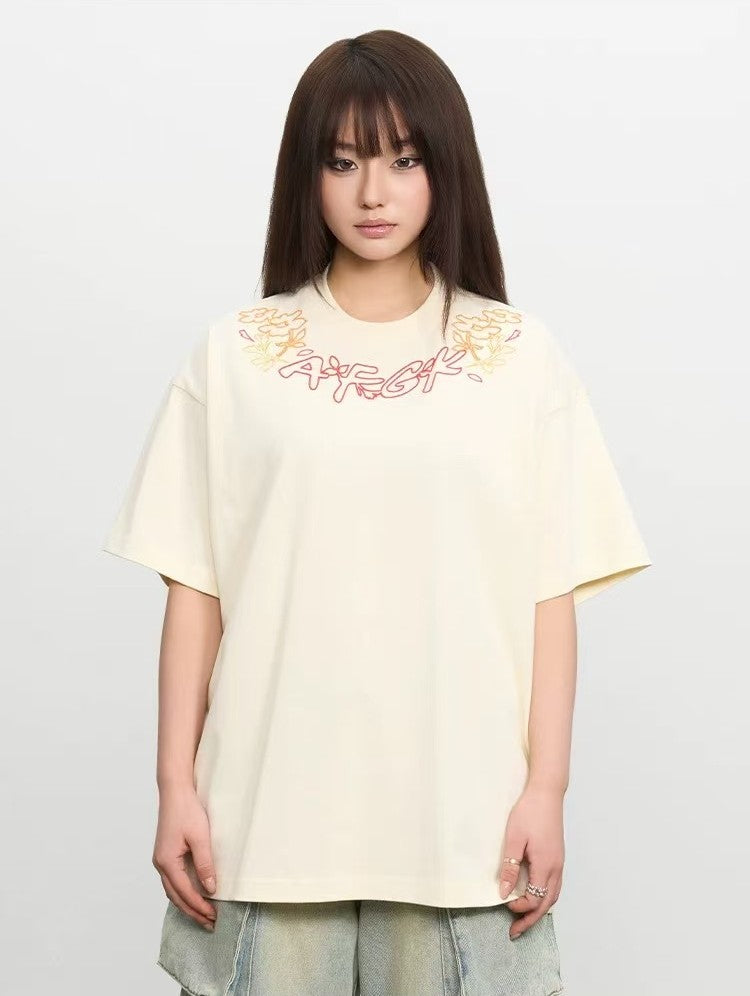 AFGK Floral Necklace Embroidered Short-sleeve T-Shirt