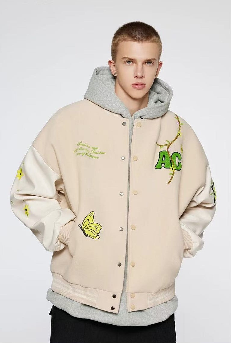 ACHOCK Heavy Hip-hop Flower Vine Embroidery Baseball Jacket