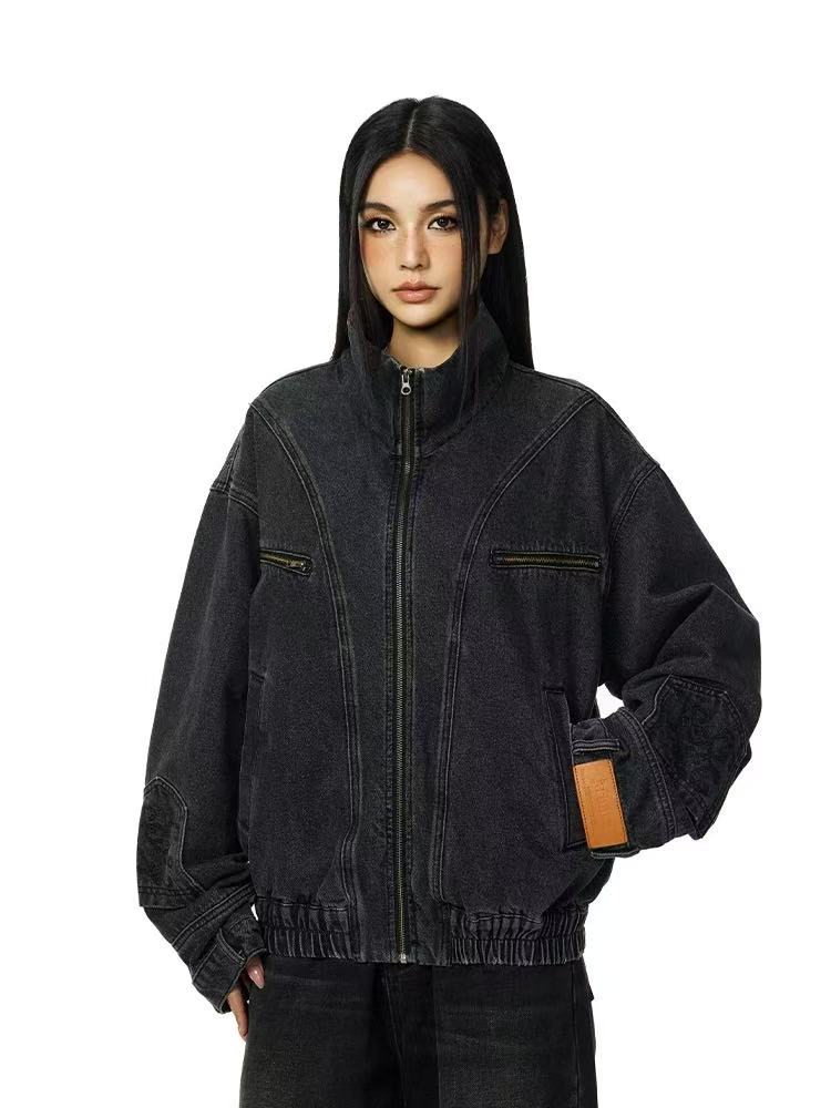 ACHOCK Street Wash Deconstructed Stand Collar Denim Jacket