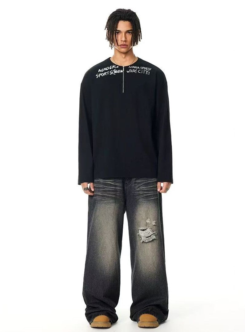 ACHOCK Henley Collar Monogram Half-zip Long-sleeved T-shirt