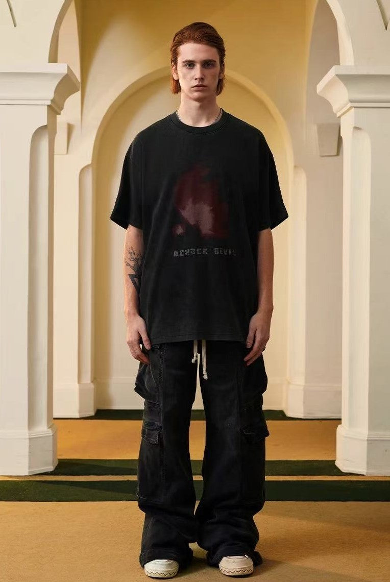 ACHOCK Washed Black Abstract Flame Print T-shirt