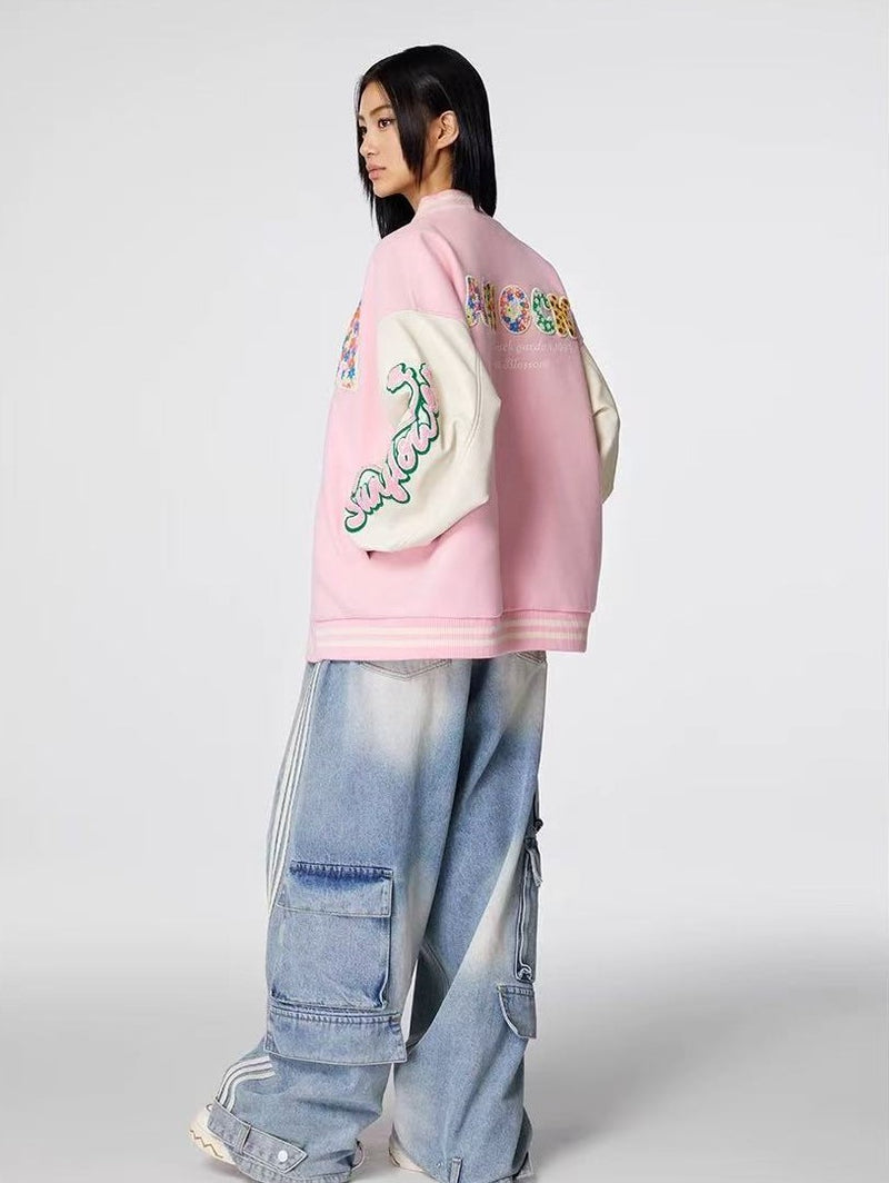 ACHOCK Hollow Floral  Embroidered Baseball Jacket