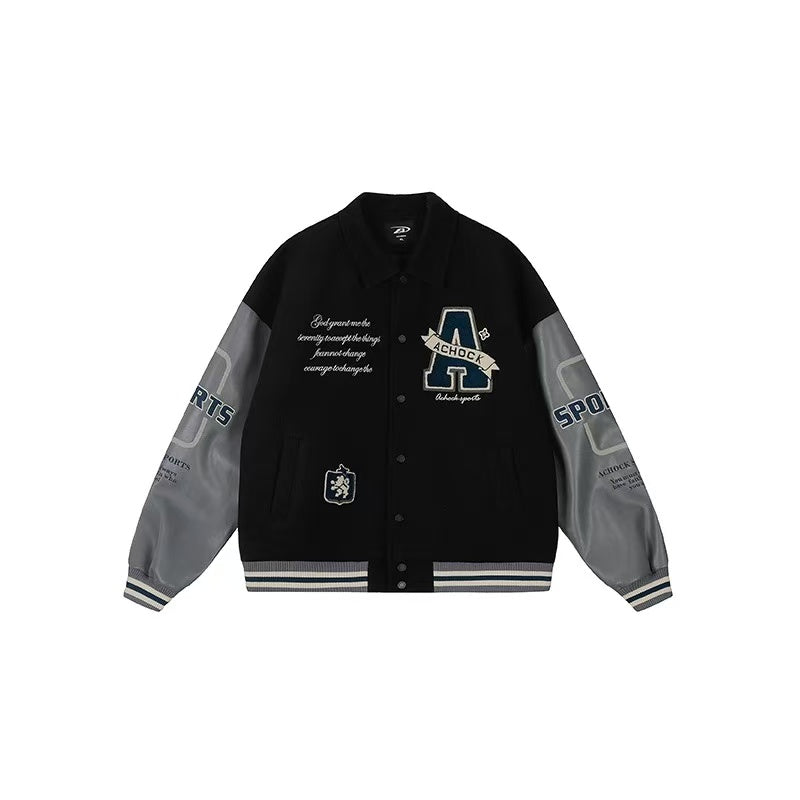 ACHOCK Embroidered Lapel Vintage Baseball Jacket