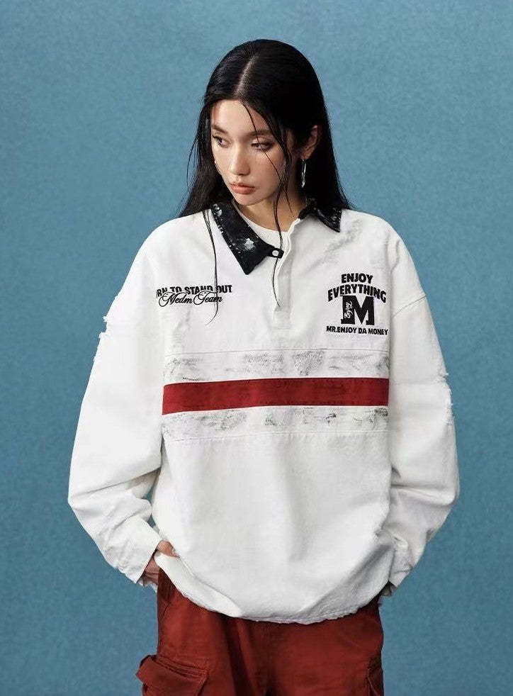 MEDM Contrast Color Striped Polo Long-sleeve T-shirt