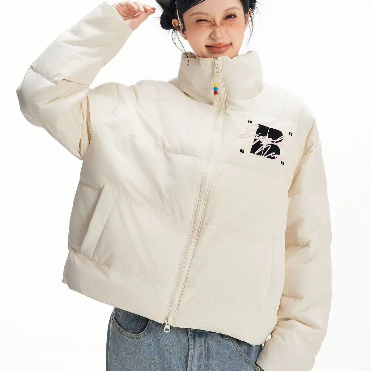 BIPOLAR Contrast Color Embroidered Letters Down Jacket