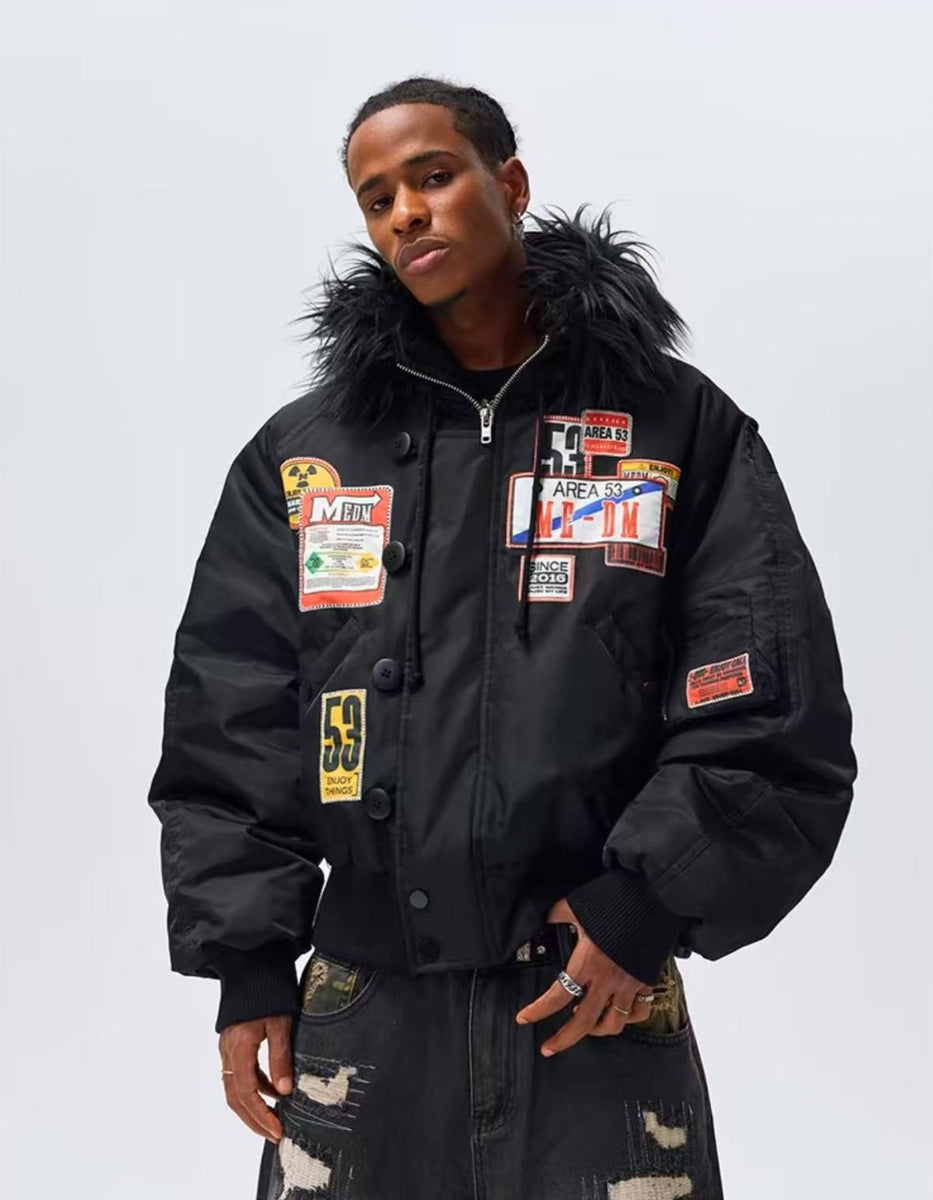 MEDM MA1 Down Jacket with License Plate Patch and Fur Collar Hood
