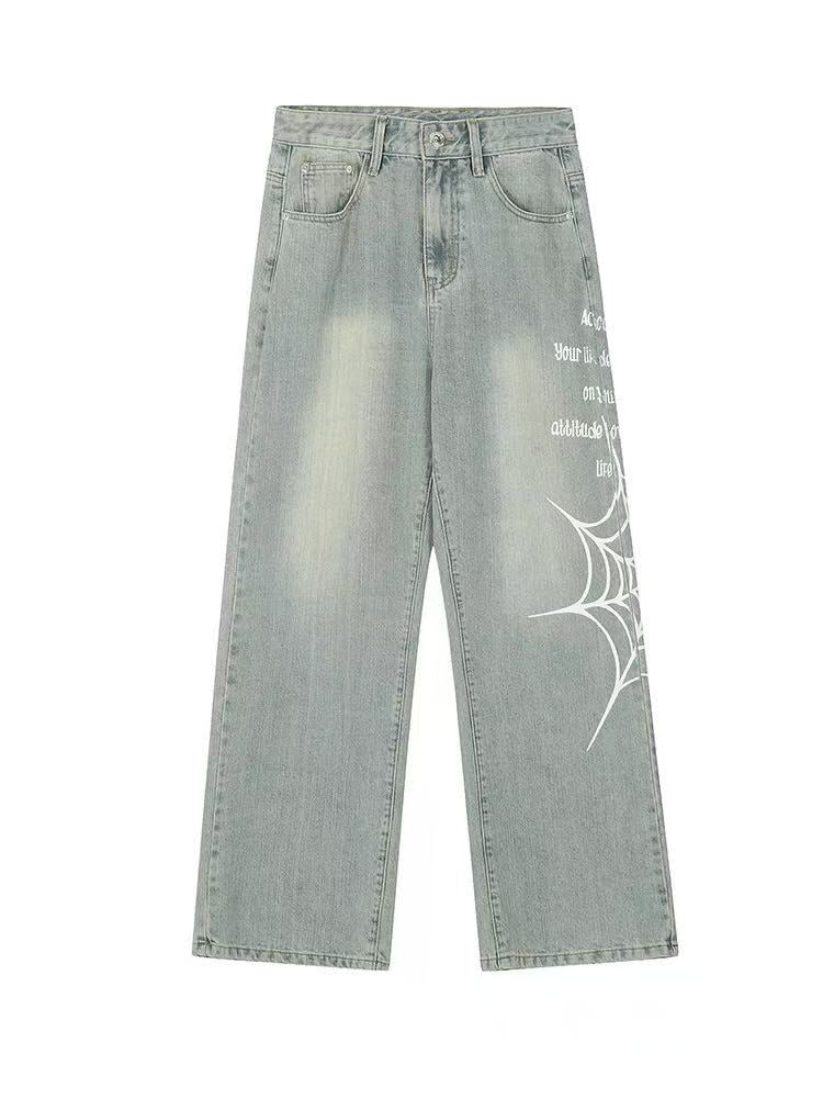 ACHOCK Spiderweb Print Washed Jeans