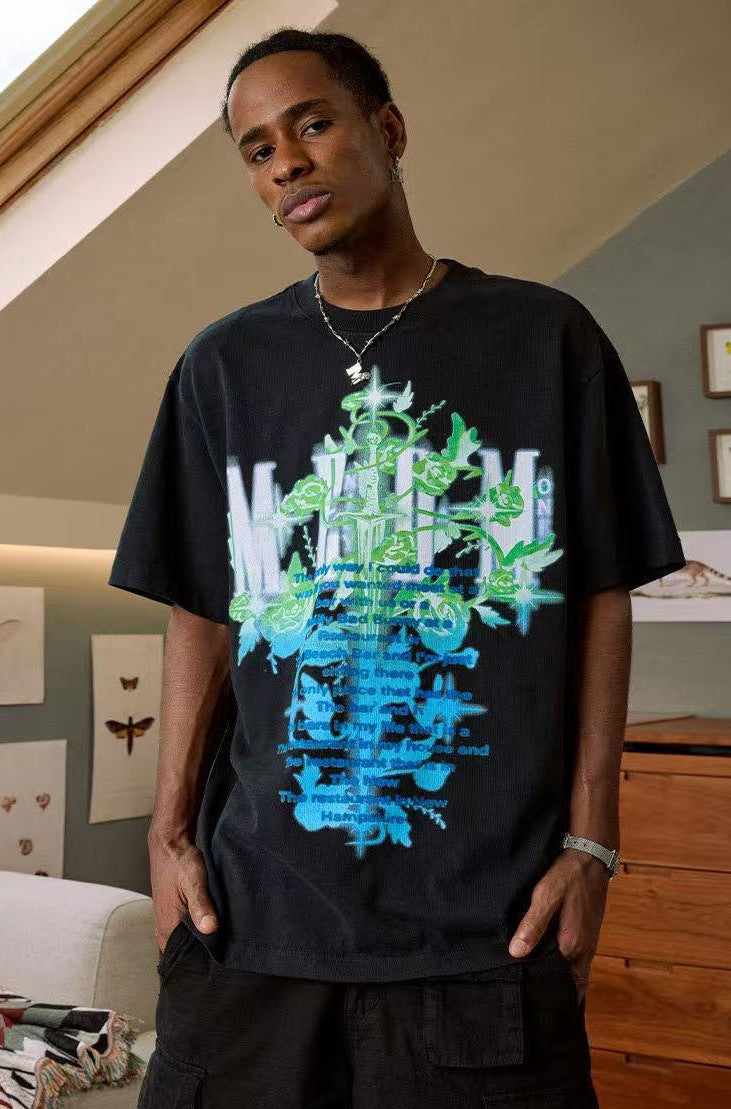 MEDM Rose and Sword Print Short-sleeve T-Shirt