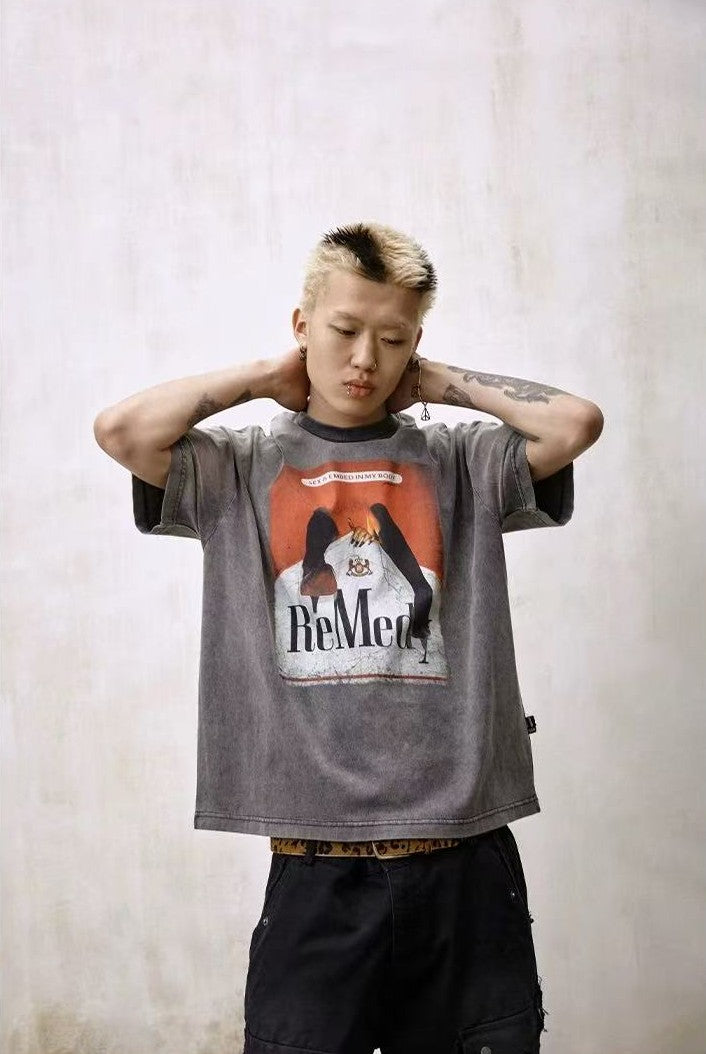 REMEDY Distressed Marlboro Design Short-sleeve T-Shirt