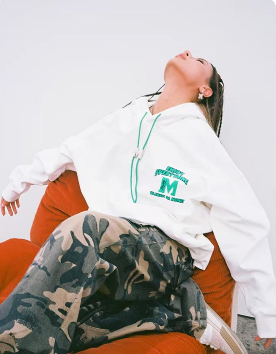 MEDM M Button Drawstring with Letter Print Hoodie