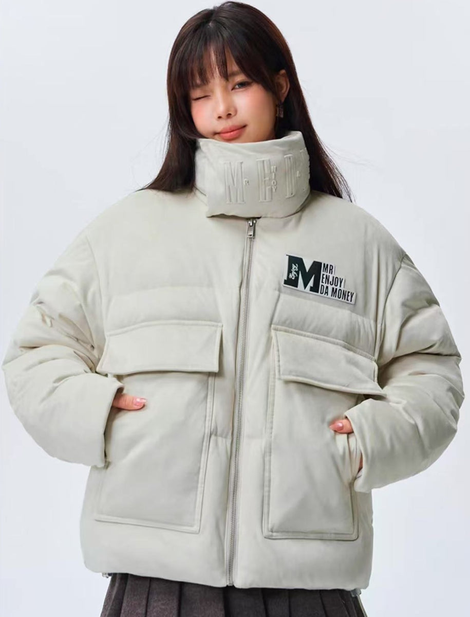 MEDM Logo Embossed Leather Label Scarf Down Jacket