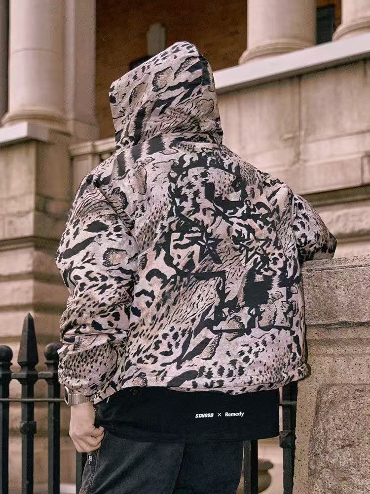 REMEDYxSTA Leopard Print Hooded Cotton Coat