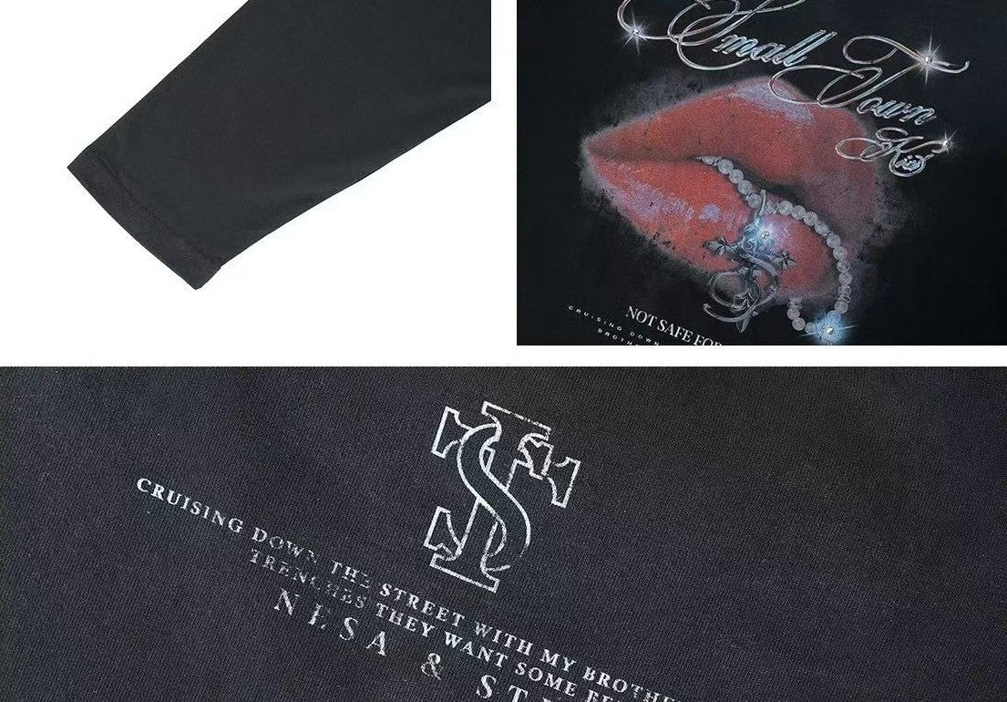 STK Vintage Dirty Wash Glitter Lip Long-Sleeve T-Shirt