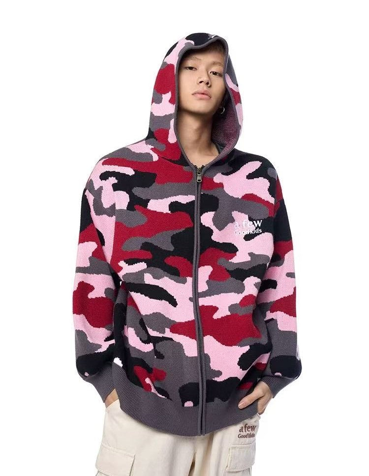 AFGK Pink Camouflage Hooded Cardigan Sweater