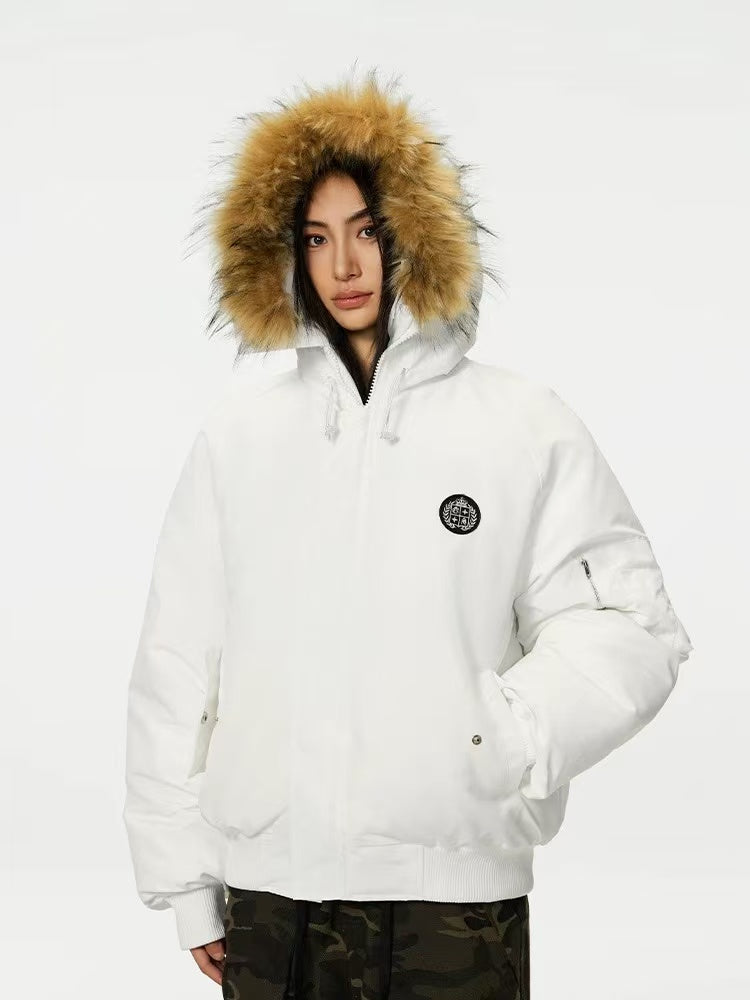 ACHOCK Logo Design Fur Collar Hooded Cotton Coat