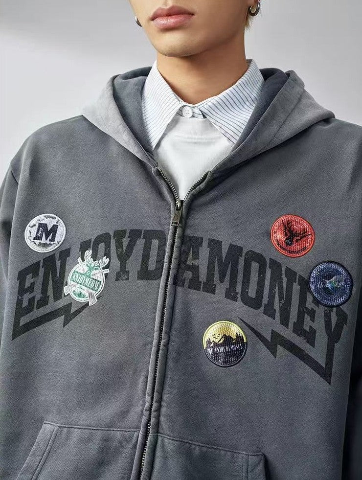 MEDM Hunting Theme Distressed Washed Zipper Hoodie
