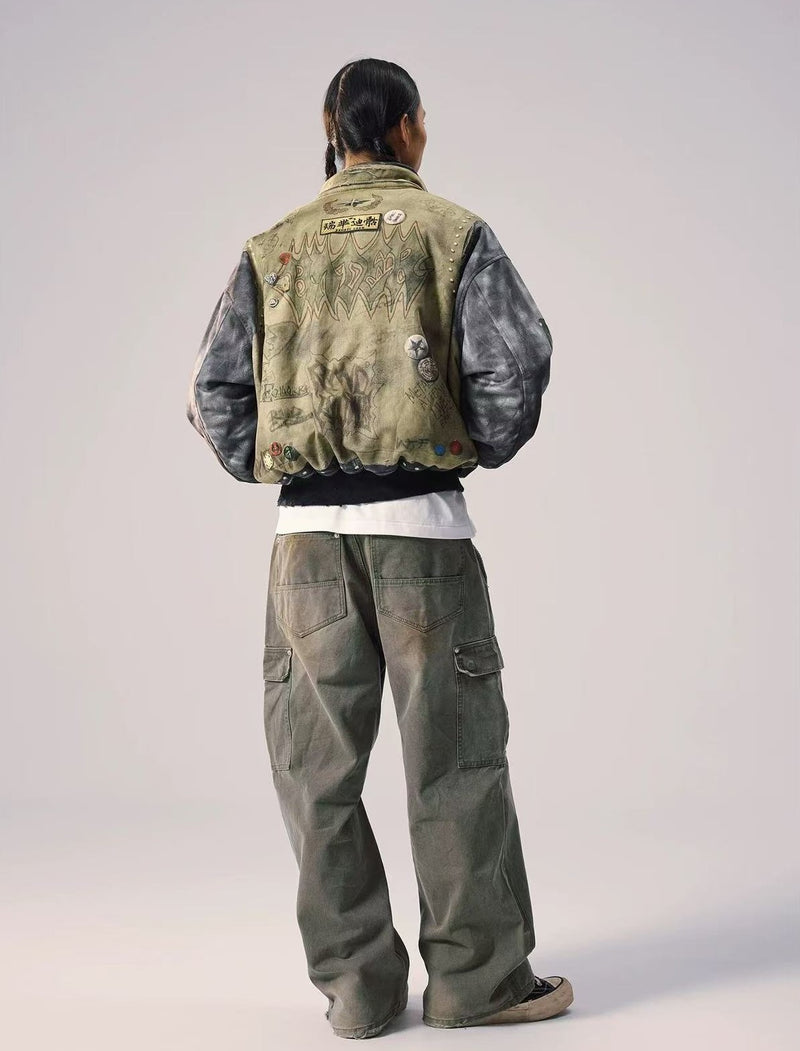 REMEDY Washed Printed Patchwork Bomber Jacket