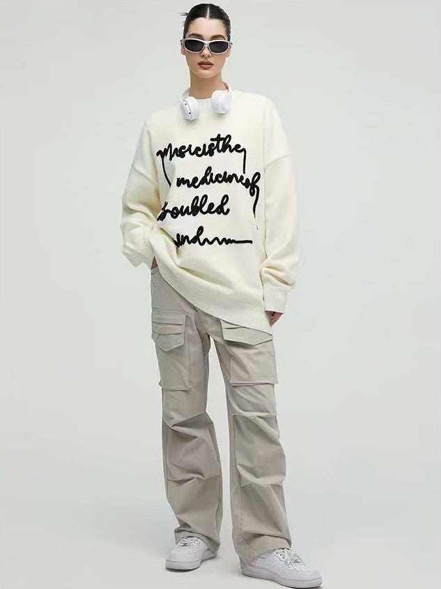 ACHOCK Embroidered Monogram Letter Pullover Sweater