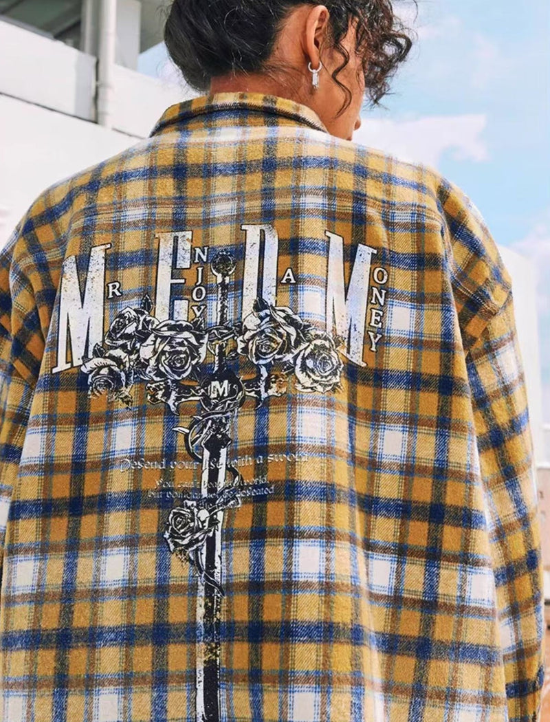 MEDM Washed Distressed Rose and Sword Plaid Long-sleeve Shirt