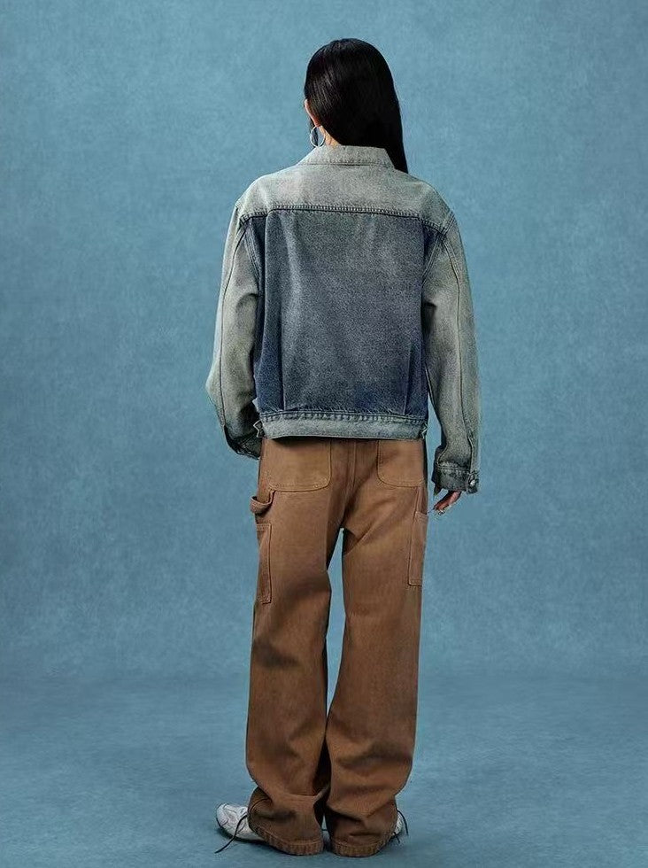 MEDM Leather Patch Distressed Washed Denim Jacket