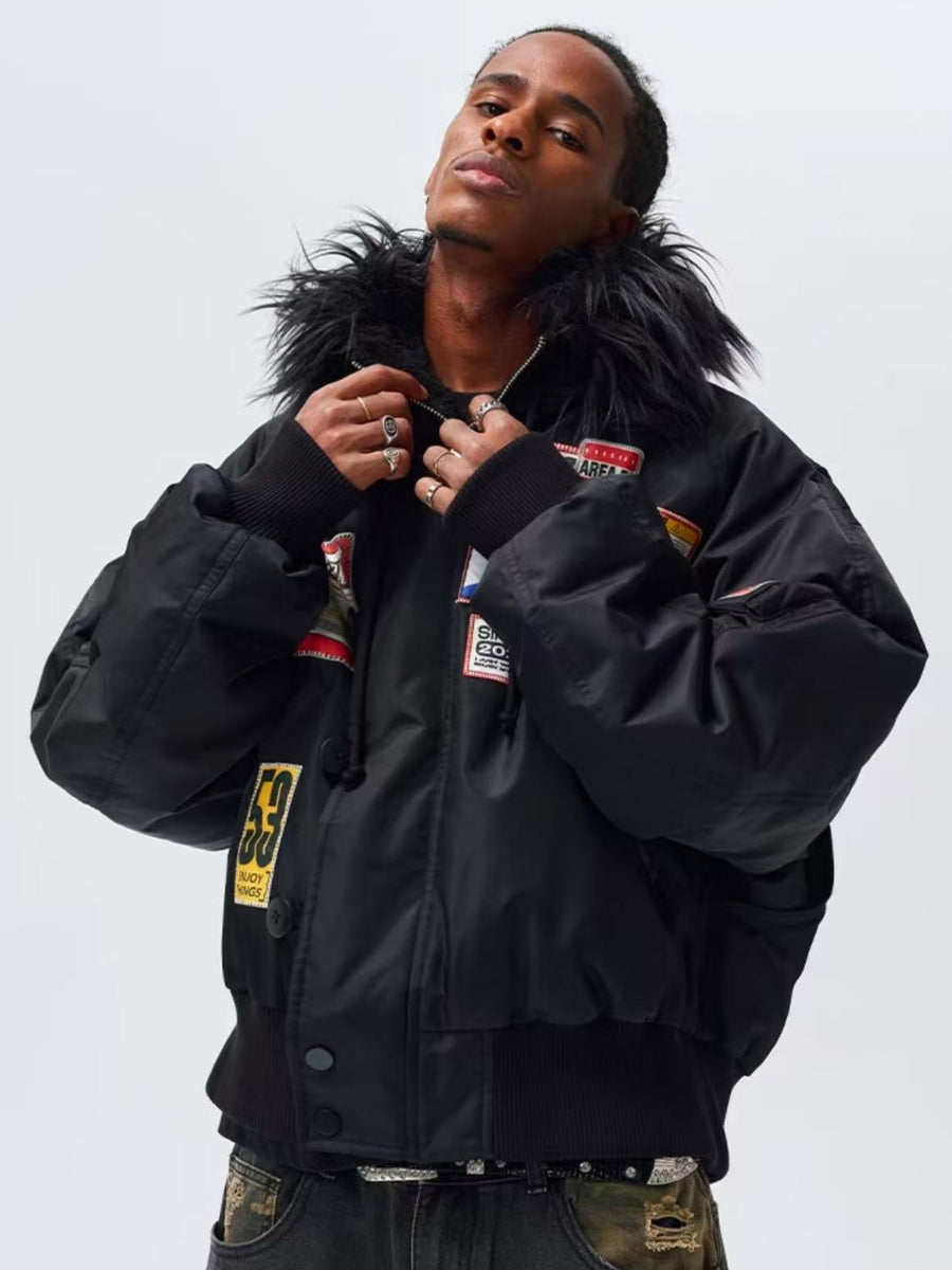 MEDM MA1 Down Jacket with License Plate Patch and Fur Collar Hood