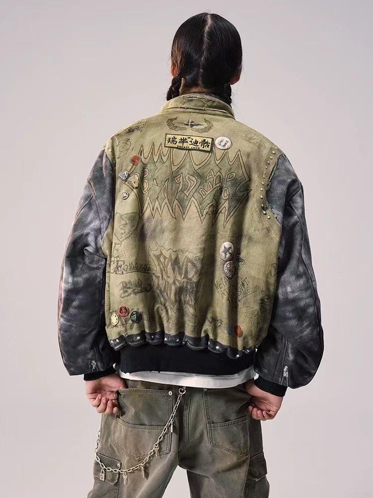 REMEDY Washed Printed Patchwork Bomber Jacket