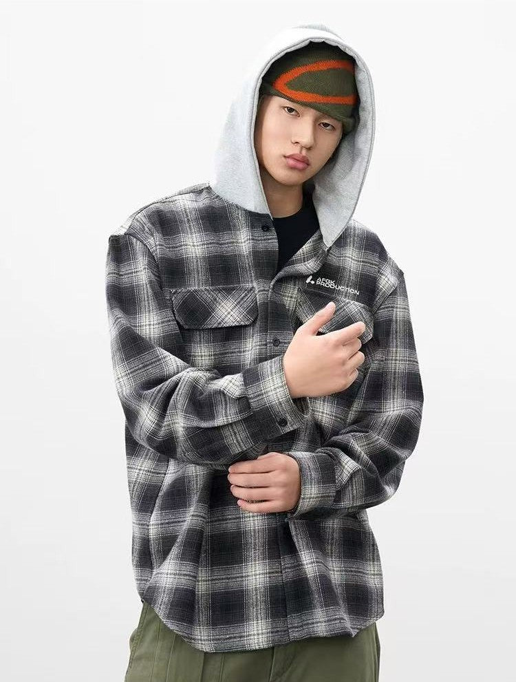 AFGK Vintage Plaid Hooded Long-sleeved Shirt
