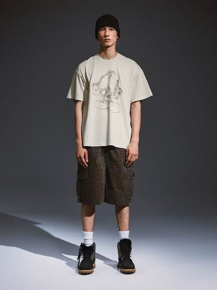 REMEDY Peace Cartoon Print Distressed Short-sleeve T-shirt