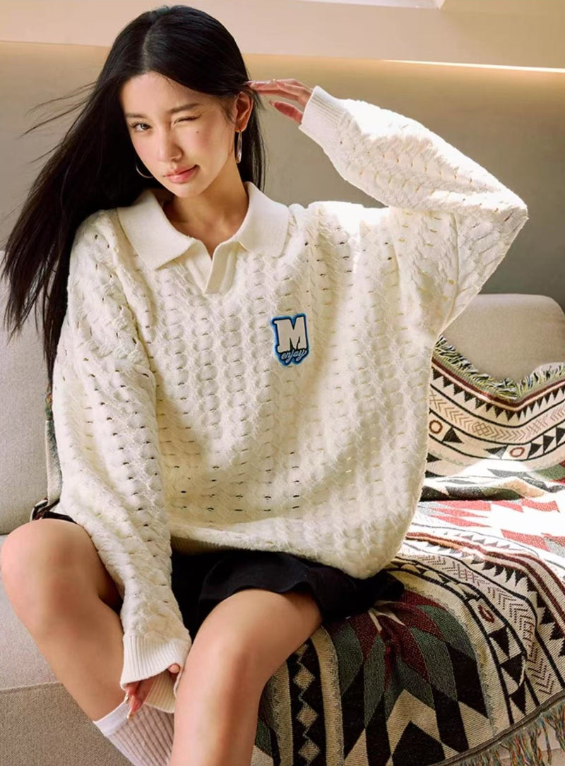 MEDM Hole Knit Long-sleeve Polo