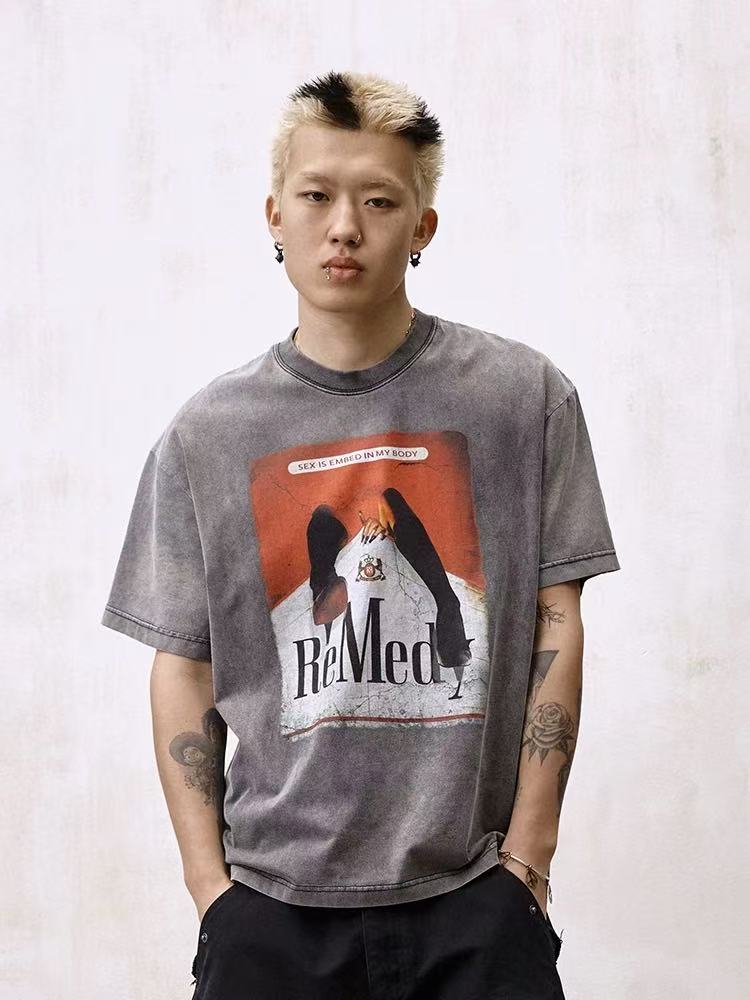 REMEDY Distressed Marlboro Design Short-sleeve T-Shirt