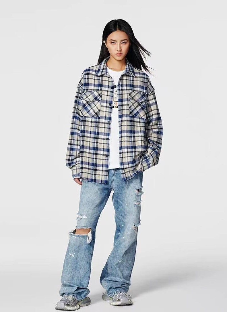 ACHOCK Retro Plaid Tassel Long-sleeve Shirt