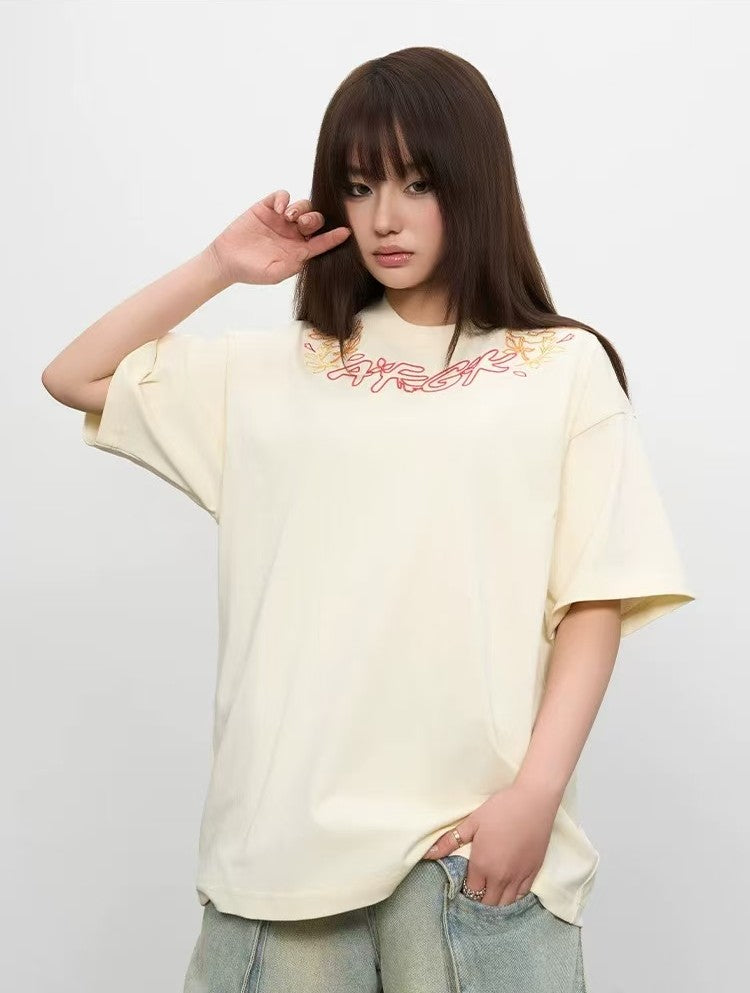 AFGK Floral Necklace Embroidered Short-sleeve T-Shirt