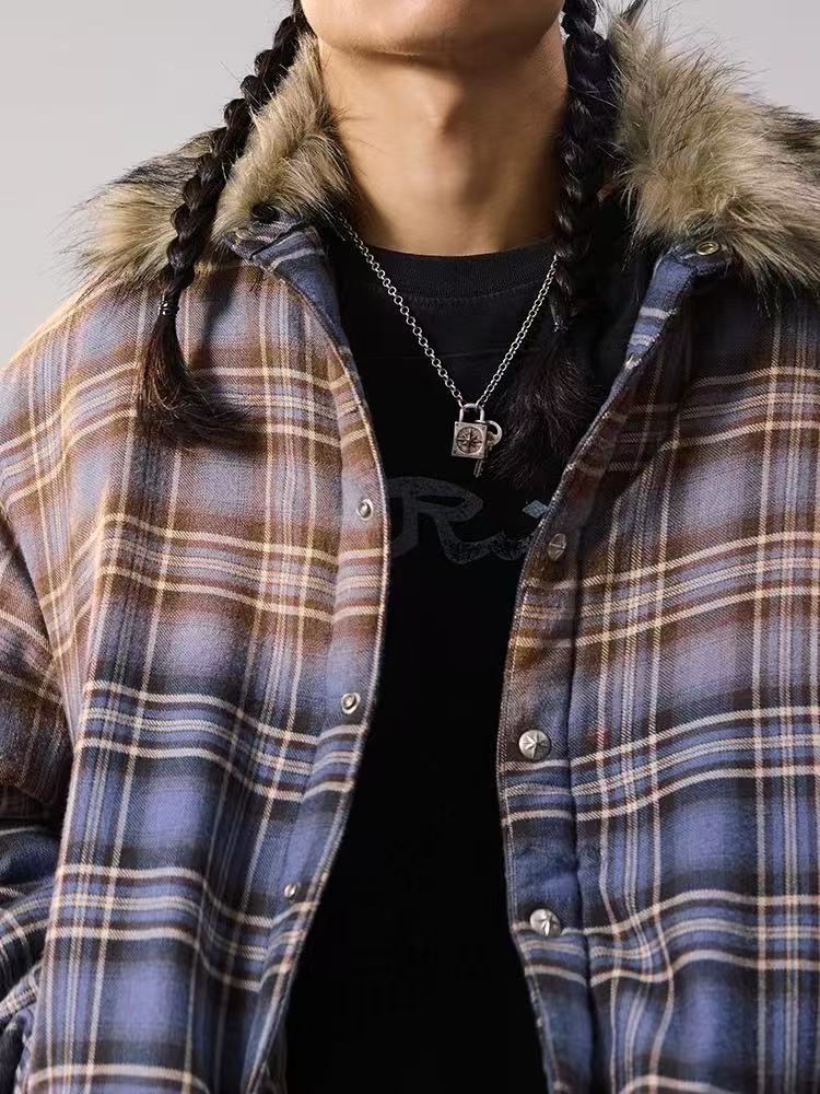 REMEDY Thickened Gradient Distressed Plaid Fur Collar Cotton Coat