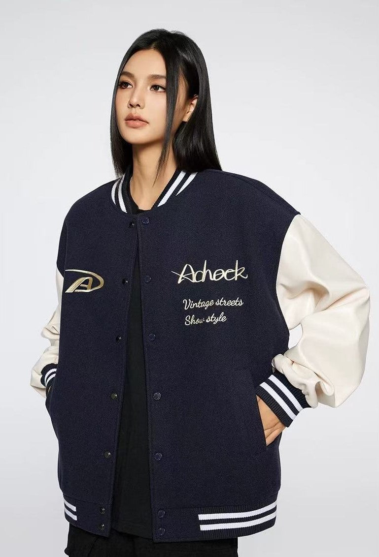 ACHOCK Basic Logo Embroidered Baseball Jacket