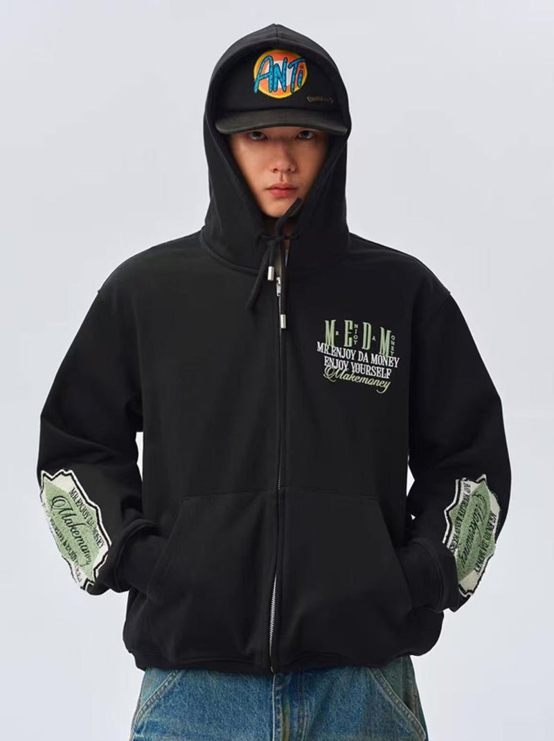 MEDM Retro Typography Embroidered Zipper Hoodie