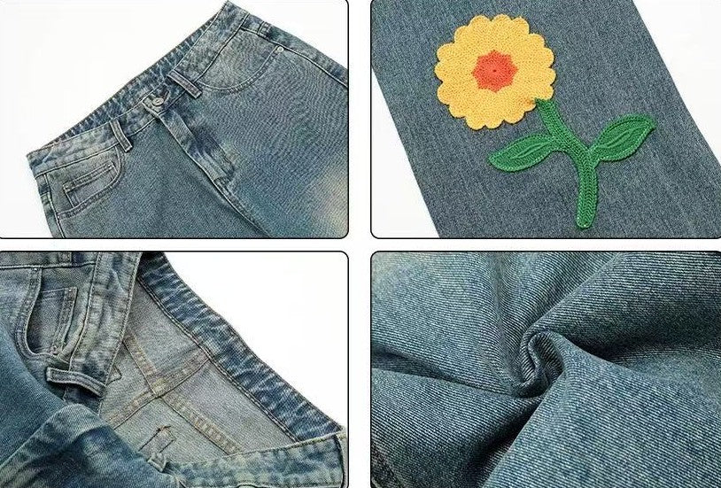 ACHOCK Creative Petal Embroidered Jeans