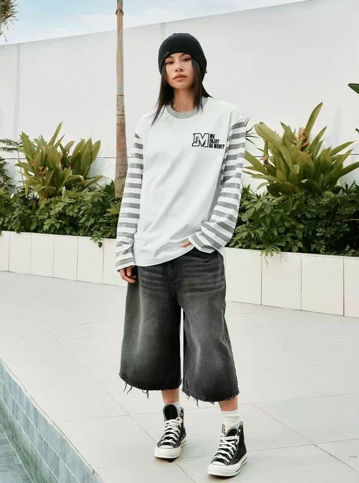 MEDM Contrast Collar Striped Long-sleeve T-Shirt