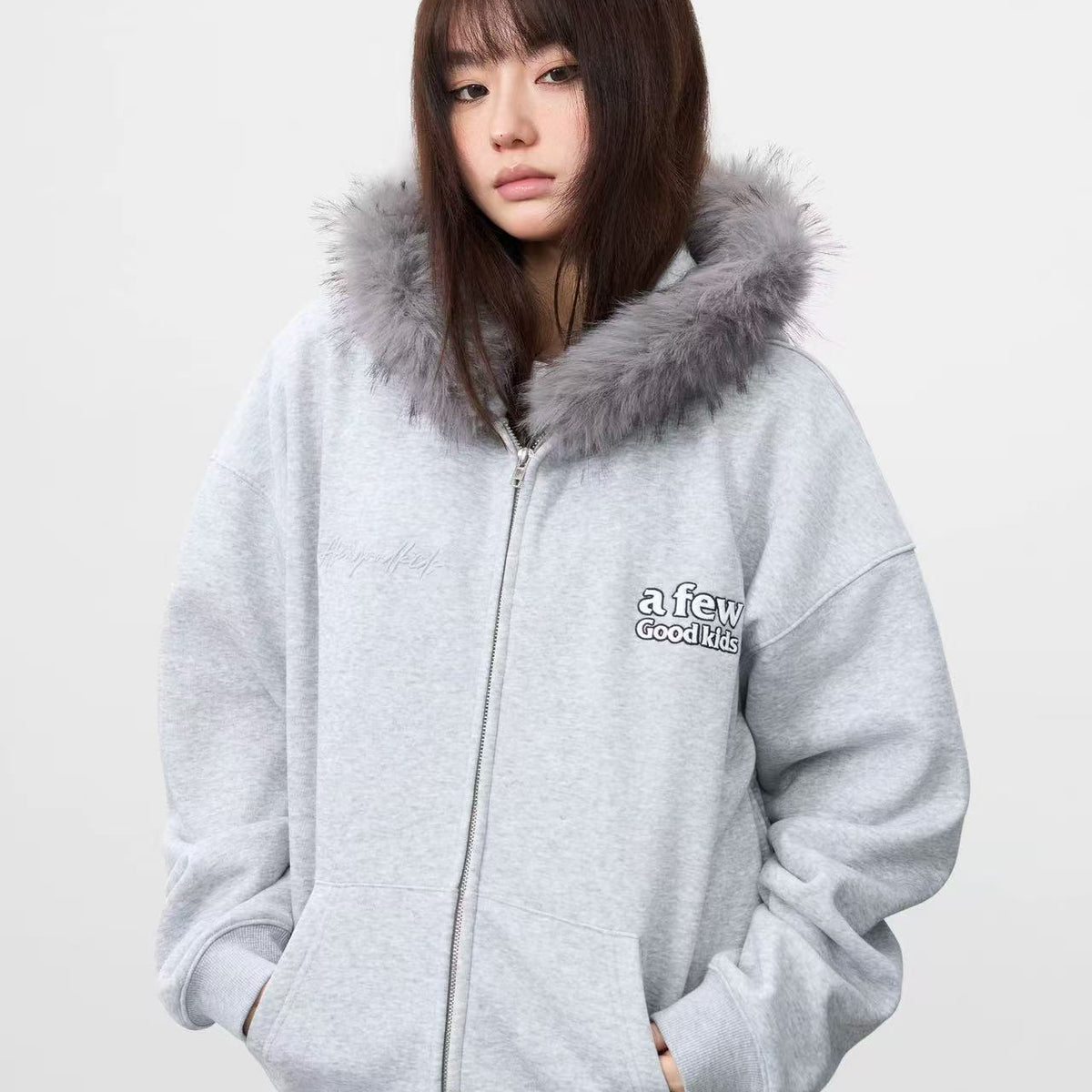 AFGK Retro Fur Collar Embroidered Hooded Cardigan Sweatshirt