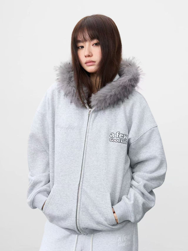 AFGK Retro Fur Collar Embroidered Hooded Cardigan Sweatshirt