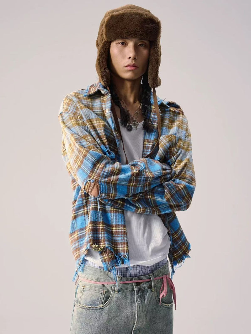 REMEDY Distressed Plaid Long-sleeve Shirt