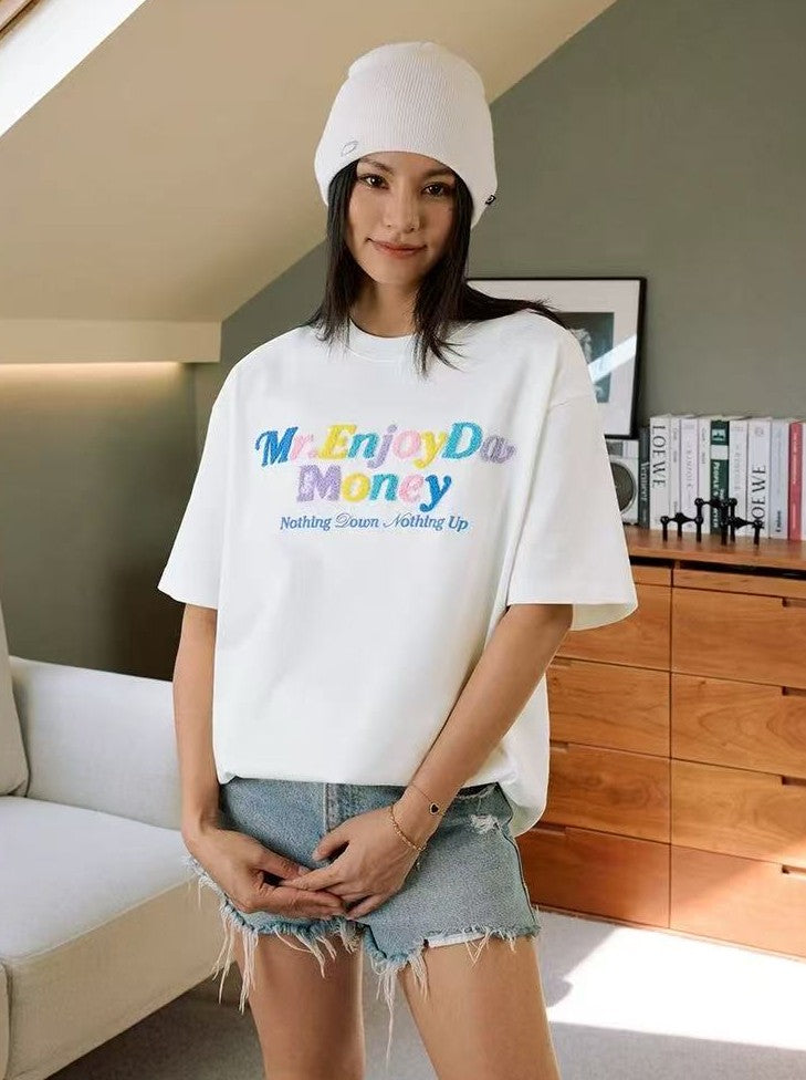 MEDM Macaron Color Letters Towel Embroidered Short Sleeve T-Shirt