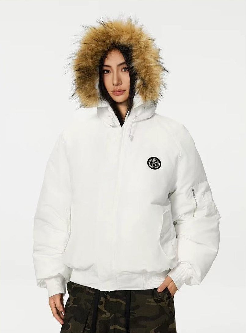 ACHOCK Logo Design Fur Collar Hooded Cotton Coat