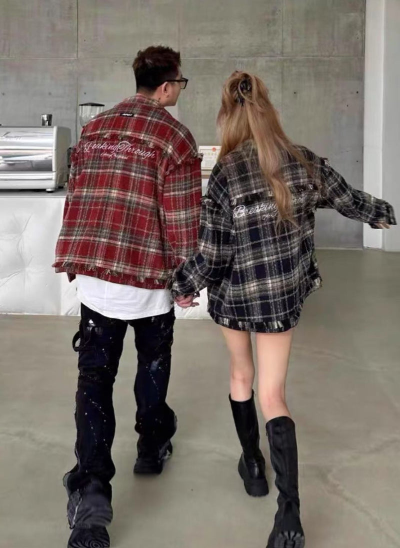 ATRY Washed Distressed Vintage Plaid Raw Edge Jacket